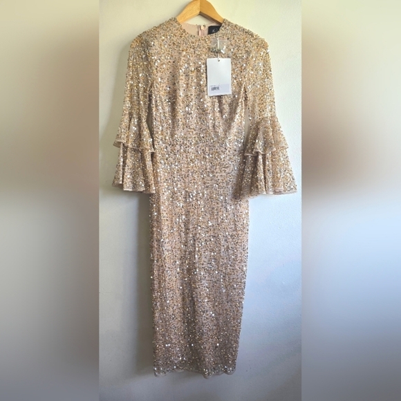 NWT! Mac Duggal, Fully Sequined Ruffle Tiered 3/4 Sleeve Midi Dress,Nude, SIZE 2 - Picture 6 of 12